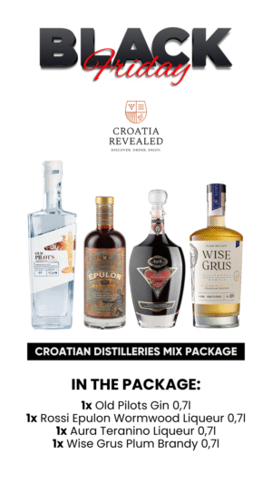 MIXED BOX OF CROATIAN DISTILLERIES 0,7L (Old Pilot’s Gin, Rossi Epulon Pelinkovac, Aura Teranino, Wise Grus Šljivovica)